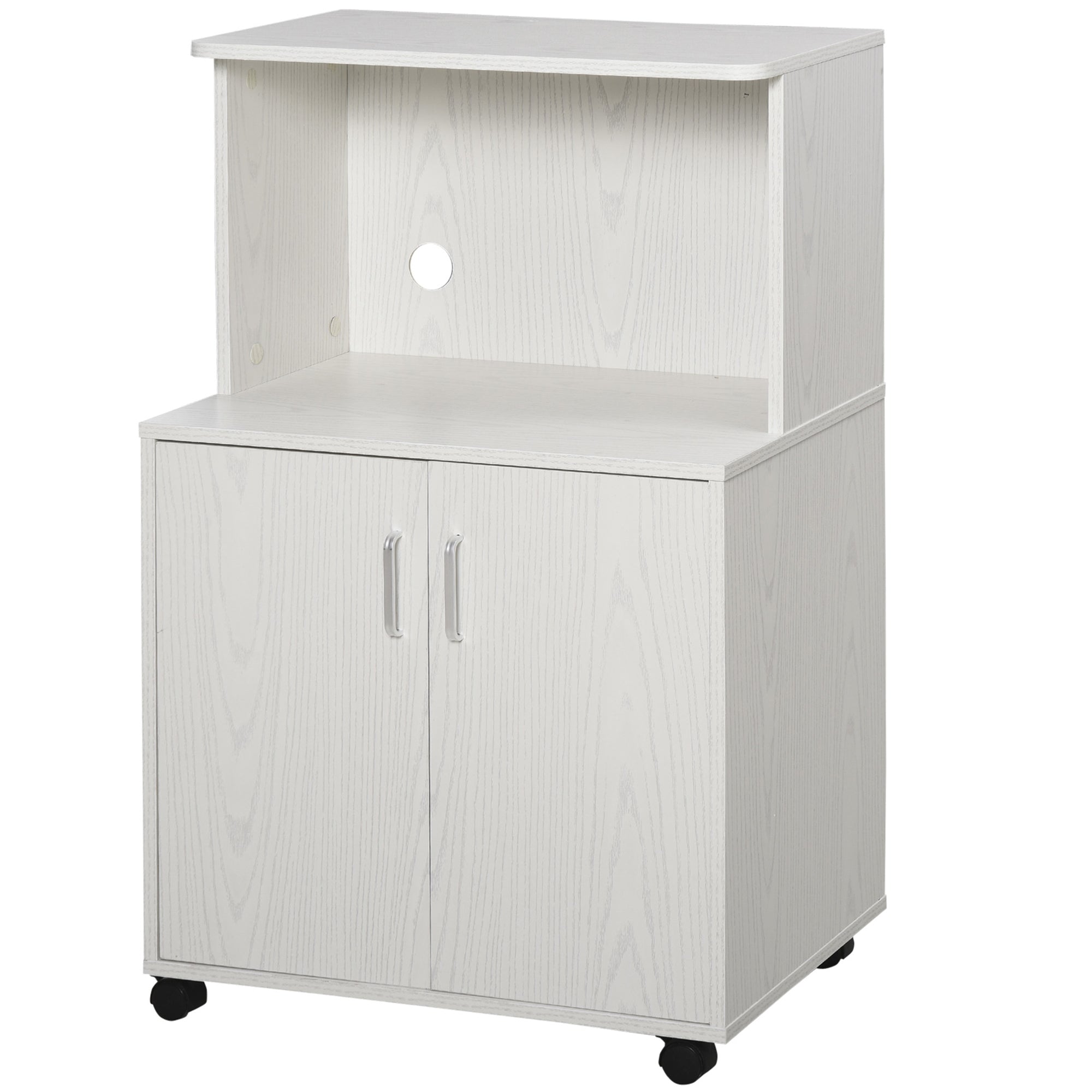 HOMCOM Kitchen Storage Unit, Modern Microwave Stand Trolley Cart, Sideboard with Cabinet,  Locking Wheels, Shelf for Living Room, Dining Room, White 