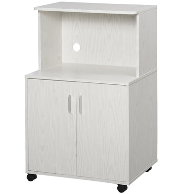 HOMCOM Kitchen Storage Unit, Modern Microwave Stand Trolley Cart, Sideboard with Cabinet,  Locking Wheels, Shelf for Living Room, Dining Room, White 