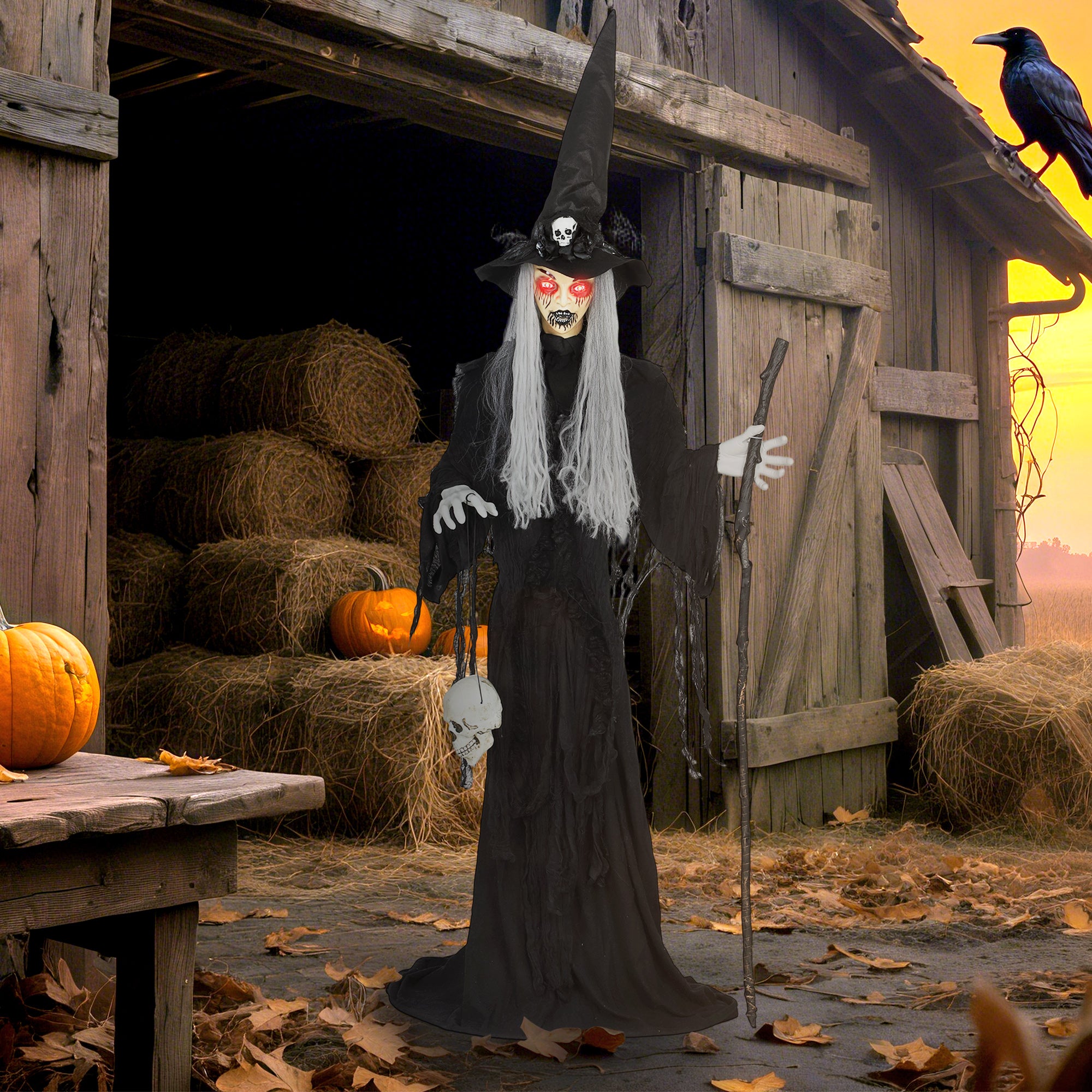 Outsunny 170 cm Life Size Halloween Animated Standing Witch & Staff with Glowing LED Eyes, Spooky Witch Scary Halloween Decorations, Battery Operated, Indoor Party Props
