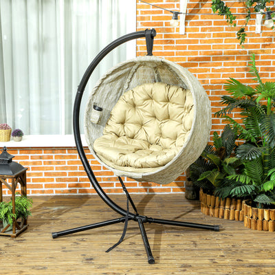 Outsunny Hanging Egg Chair Outdoor Indoor Garden Swing Chair with Folding Basket, Garden Hanging Chair with Stand, Thickened Cushion, Cup Holder for Patio, Balcony, Khaki 