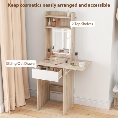 HOMCOM Small Vanity Desk with Mirror and LED Lights, Compact Dressing Table with Drop Leaf, Open Shelves, Natural Wood 