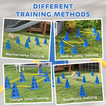 PawHut Dog Agility Equipment Set of Eight Cones, Eight Poles w/ Carry Bag, Four-Piece Adjustable Height Jumping Obstacles Blue
