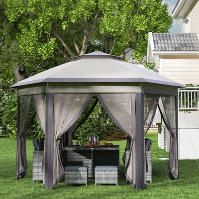 Outsunny 3 x 4m Garden Gazebo Hexagon Pop Up Party Tent Canopy Double Roof Instant Shelter with Netting and Carry Bag for Outdoor Patio, Beige 