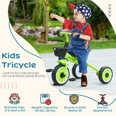 AIYAPLAY Kids Trike, Tricycle, with Adjustable Seat, Basket, Bell, for Ages 2-5 Years - Green 