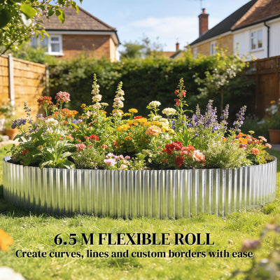Outsunny Metal Garden Edging Border, 8 in x 21.3 ft Corrugated Heavy Duty Galvanised Steel Lawn Edging, Silver Tone 