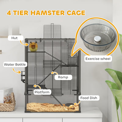 PawHut 4 Tiers Hamster Cage with Deep Tempered Glass Bottom, Hut, Running Wheel, Food Dish, Water Bottle, 60 x 40 x 80cm 
