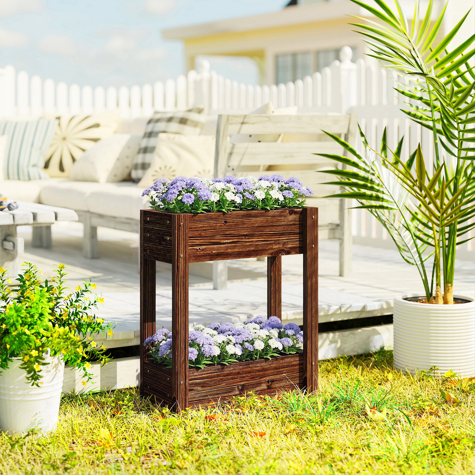 Outsunny 2-Tier Wooden Raised Planter, Raised Garden Bed on Legs with Drainage Holes and Bed Liner, Elevated Garden Planter 