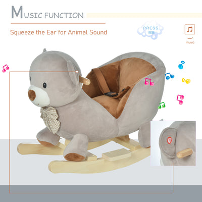 HOMCOM Kids Children Rocking Horse Plush Ride On Bear Seat w/ Sound Wood Base Seat Safety Belt Toddler Baby Toy for 18-36 Months Grey 