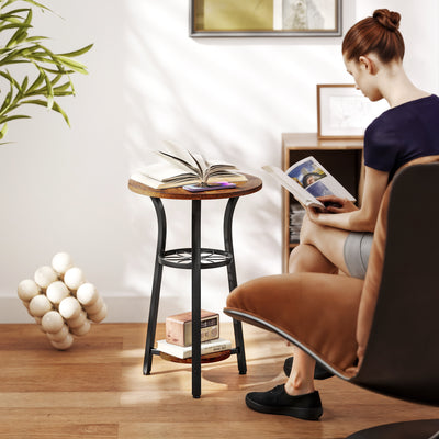 HOMCOM Small Round Side Table with 3 Storage Shelves - Rustic Brown 