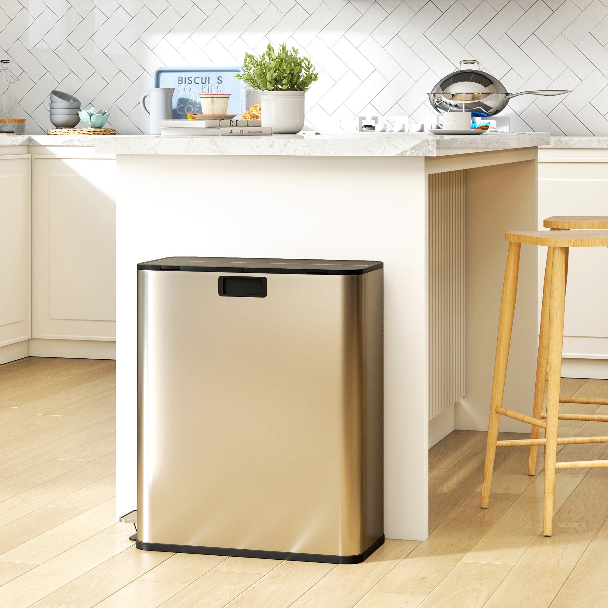 HOMCOM Dual Kitchen Bin with Soft-Close Butterfly Lid, 2 x 28L Stainless Steel Pedal Bin with Removable Inner Buckets, Fingerprint-Proof for Recycling and Waste, Silver Tone 