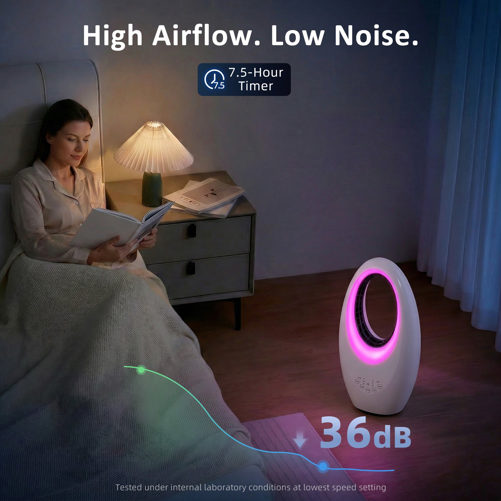 HOMCOM Bladeless Tower Fan, 36dB Standing Cooling Fan with 60° Oscillating, LED Lights, 3 Speeds, 7.5H Timer, Remote Control 