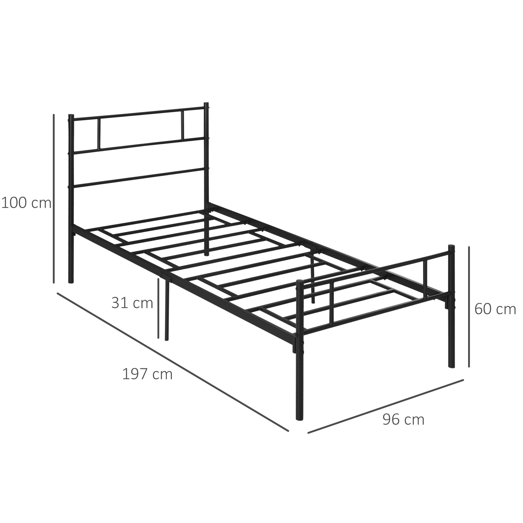 HOMCOM Single Metal Bed Frame Solid Bedstead Base with Headboard and Footboard, Metal Slat Support and Underbed Storage Space, Bedroom Furniture, Black 