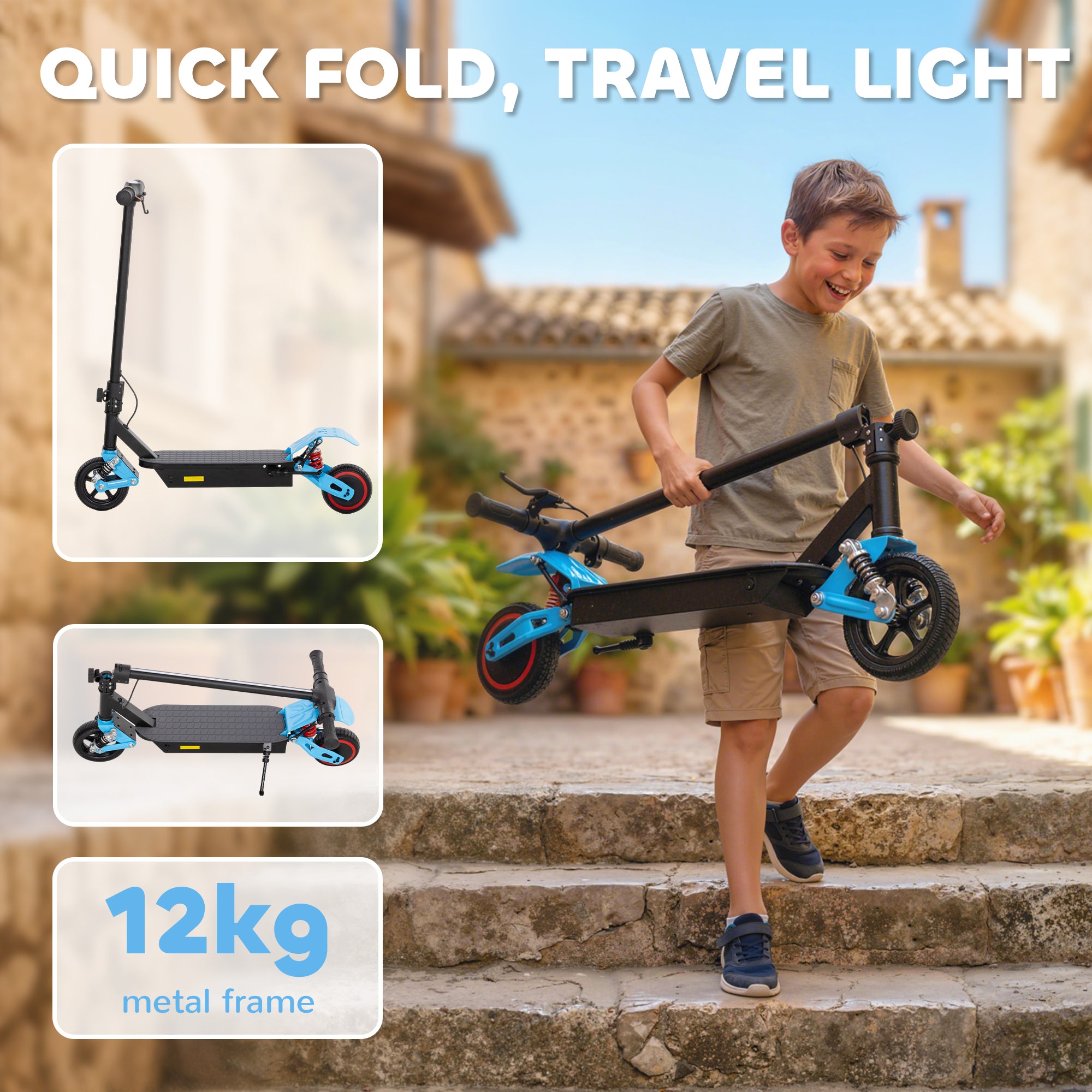 AIYAPLAY Foldable Kids Electric Scooter with LCD Display, Dual Shock Absorption, Up to 15 KM/H, Max Range 6 KM for Age 6-14, Blue 