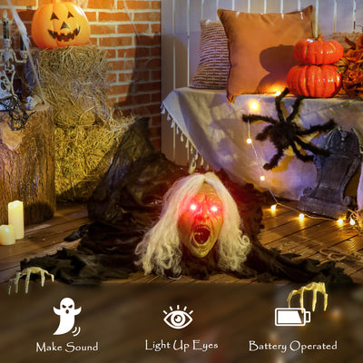 Outsunny 183 cm Life Size Halloween Animated Crawling Zombie with Glowing LED Eyes, Scary Halloween Decorations, Battery Operated, Indoor Outdoor Party Props 