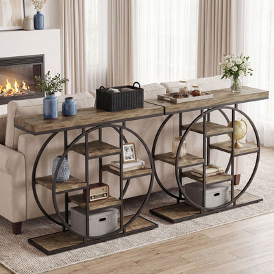 HOMCOM Industrial Console Table with Storage Shelves - Rustic Brown 