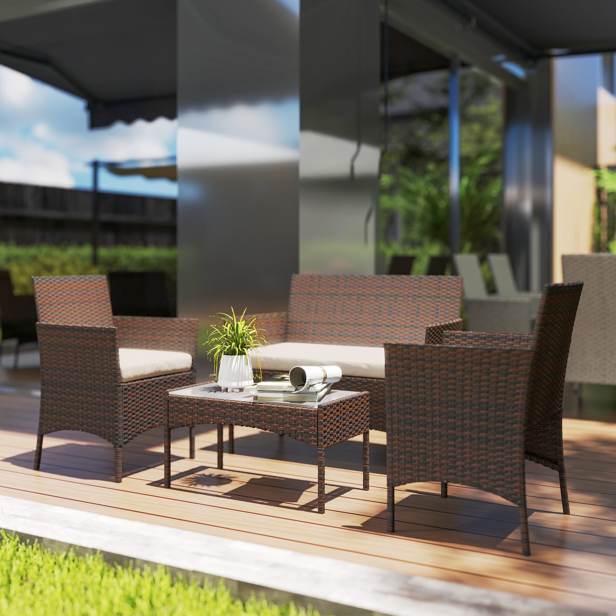 Outsunny 4 Piece Rattan Garden Furniture Sofa Set with Loveseat, Armchairs, Glass-Top Coffee Table and Cushions, Brown 