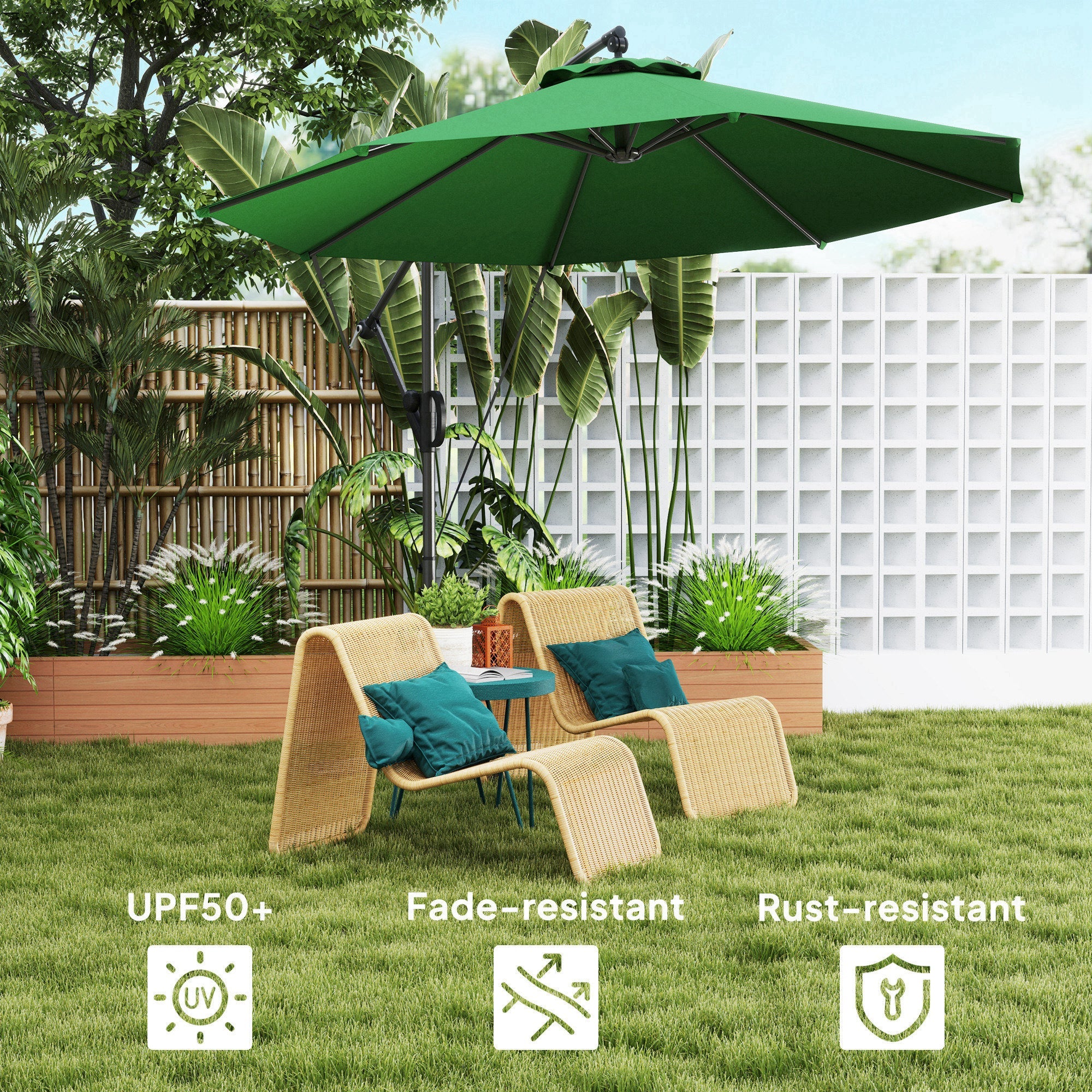 Outsunny 3(m) Garden Cantilever Parasol with Cover and Wind Protection Strap, Round Overhanging Umbrella with Crank Handle and Tilt, Banana Patio Umbrella for Outdoor Sun Shade, UPF50+, Green 