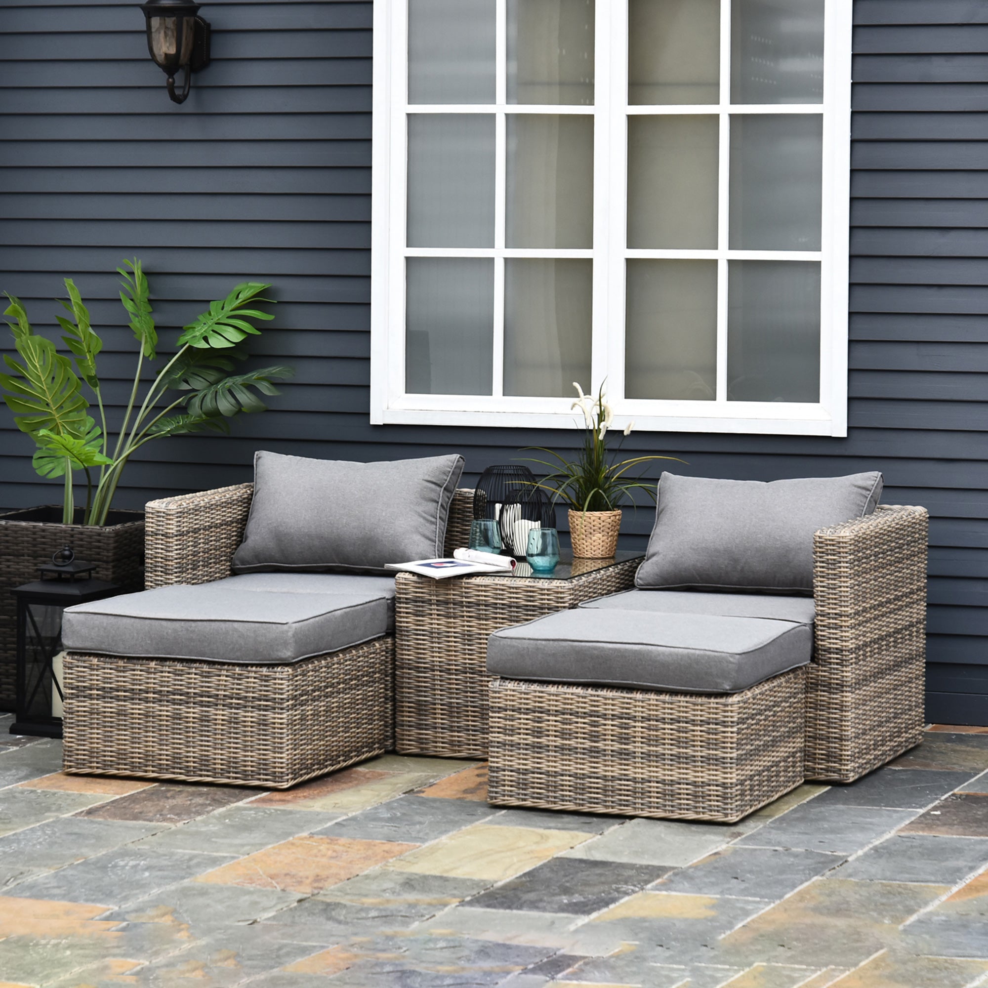Outsunny 5 Piece Rattan Garden Furniture Set w/ 10cm Thick Cushions, Aluminium Frame Wicker Outdoor Balcony Sofa Set with Corner Armchairs, Ottomans, and Glass Top Table, Mixed Brown 