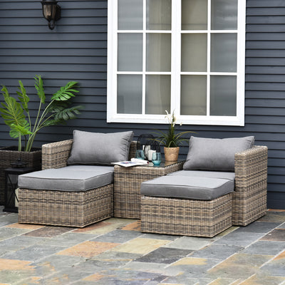 Outsunny 5 Piece Rattan Garden Furniture Set w/ 10cm Thick Cushions, Aluminium Frame Wicker Outdoor Balcony Sofa Set with Corner Armchairs, Ottomans, and Glass Top Table, Mixed Brown 