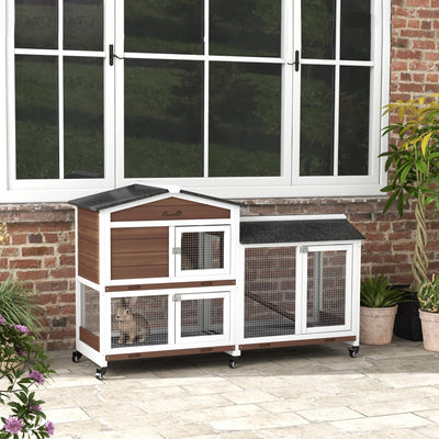 PawHut Wooden Two-Tier Pet Hutch with Wheels, Run - Brown 