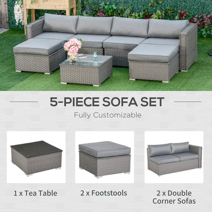 Outsunny 5 PCs PE Rattan Wicker Corner Sofa Set Bonzer Outdoor Conservatory Furniture Lawn Patio Tea Table Footstool w/ Cushion - Grey 