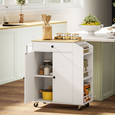 HOMCOM Rolling Kitchen Island with 3-Tier Spice Rack, Kitchen Storage Cart with Drawer and Towel Rack, White 