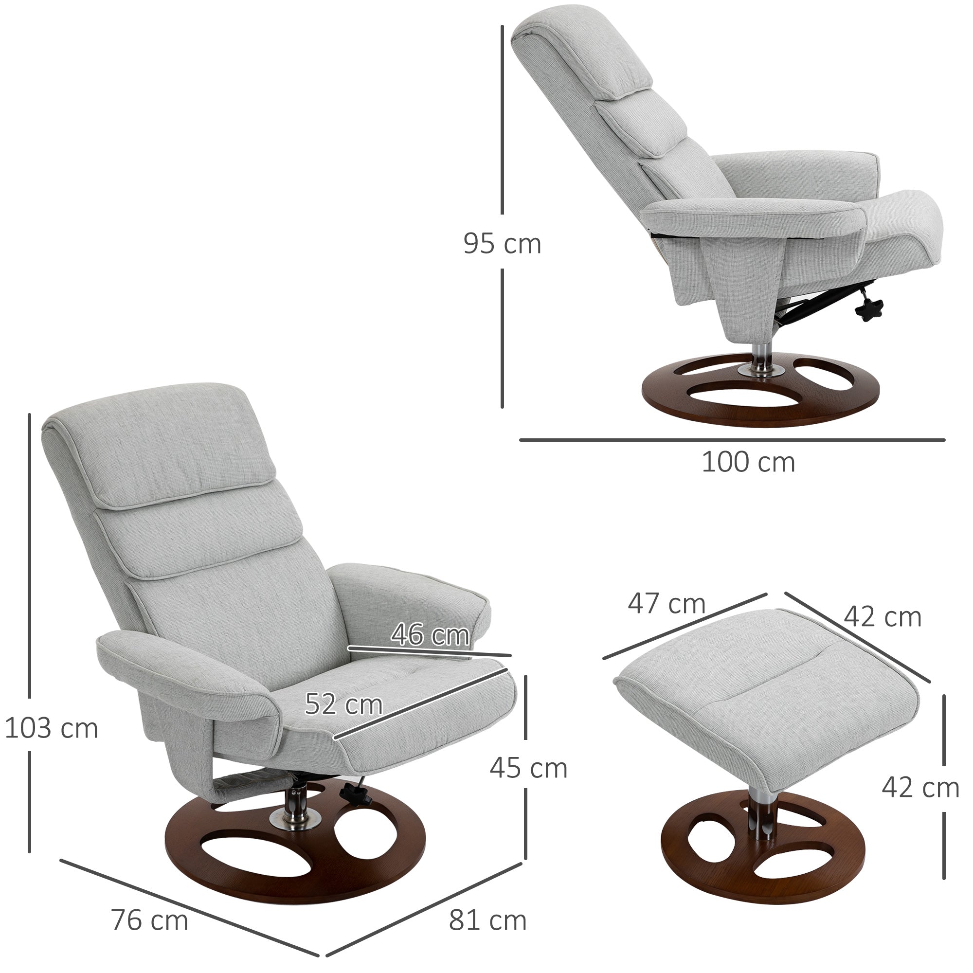 HOMCOM Recliner Chair Ottoman Set 360\'c2\'b0 Swivel Sofa Stool Modern Soft Thick Padding Wood Base Grey 