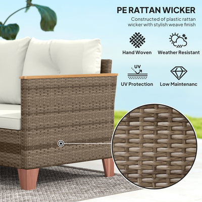Outsunny 3 Pieces Rattan Garden Furniture Set, L Shaped Garden Conversation Chaise Lounge Furniture with Wood Top Coffee Table and Thick Cushions, Cream 