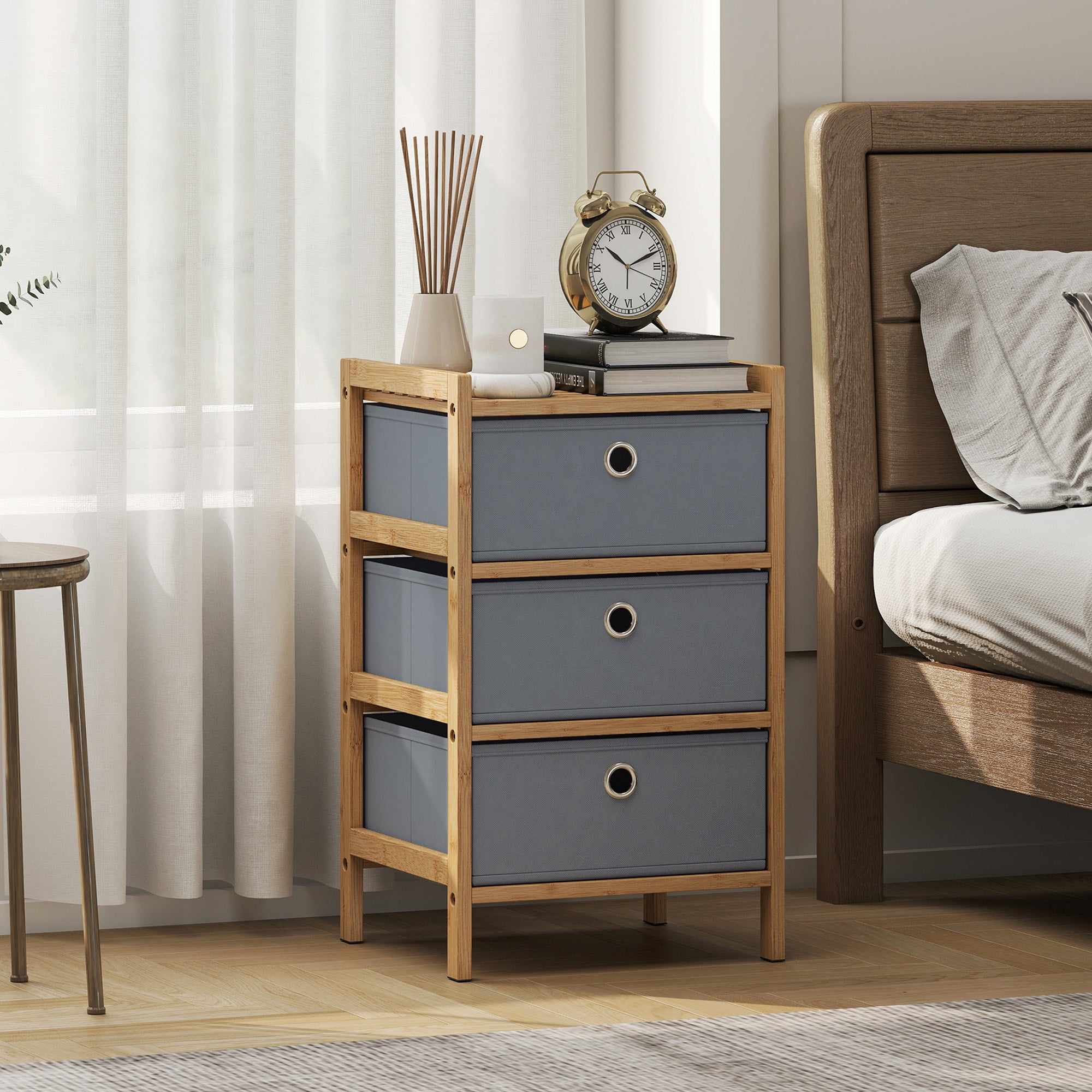 HOMCOM Chest of Drawers, 3 Fabric Drawers Narrow Dresser with Bamboo Frame, Light Grey 