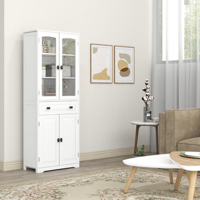 HOMCOM Kitchen Cupboard, Freestanding Storage Cabinet with 2 Adjustable Shelves, Drawer and Glass Door for Living Room, Dining Room, 160cm, White 