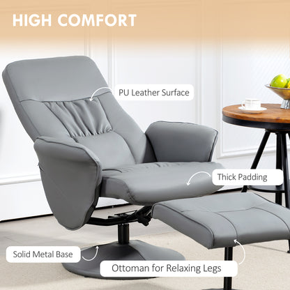 HOMCOM Swivel Recliner Chair with Footstool, PU Leather Armchair and Ottoman with High Back and Round Base for Living Room, Light Grey 