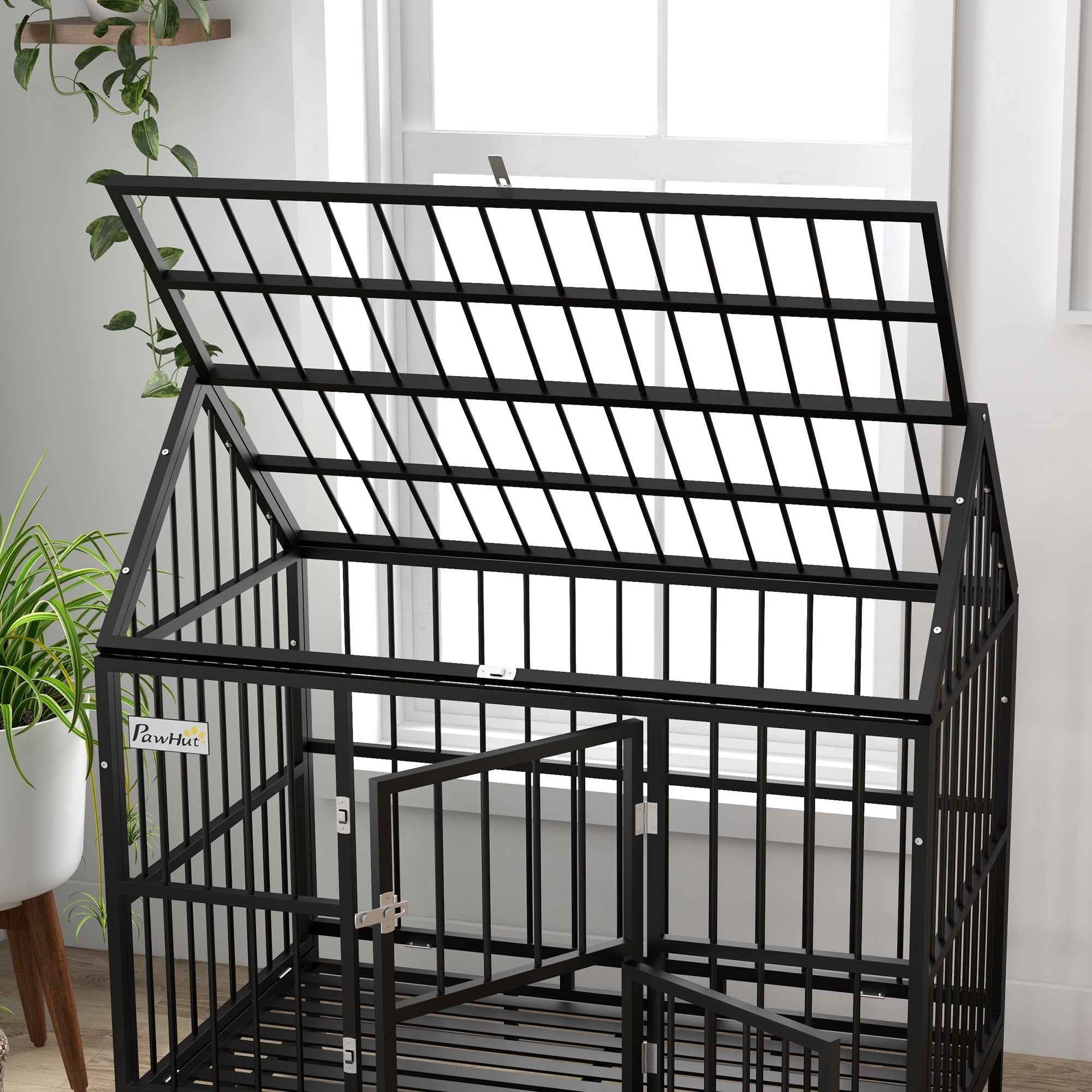 PawHut 48" Heavy Duty Dog Crate on Wheels, with Removable Tray, Openable Top, for L, XL Dogs - Black 