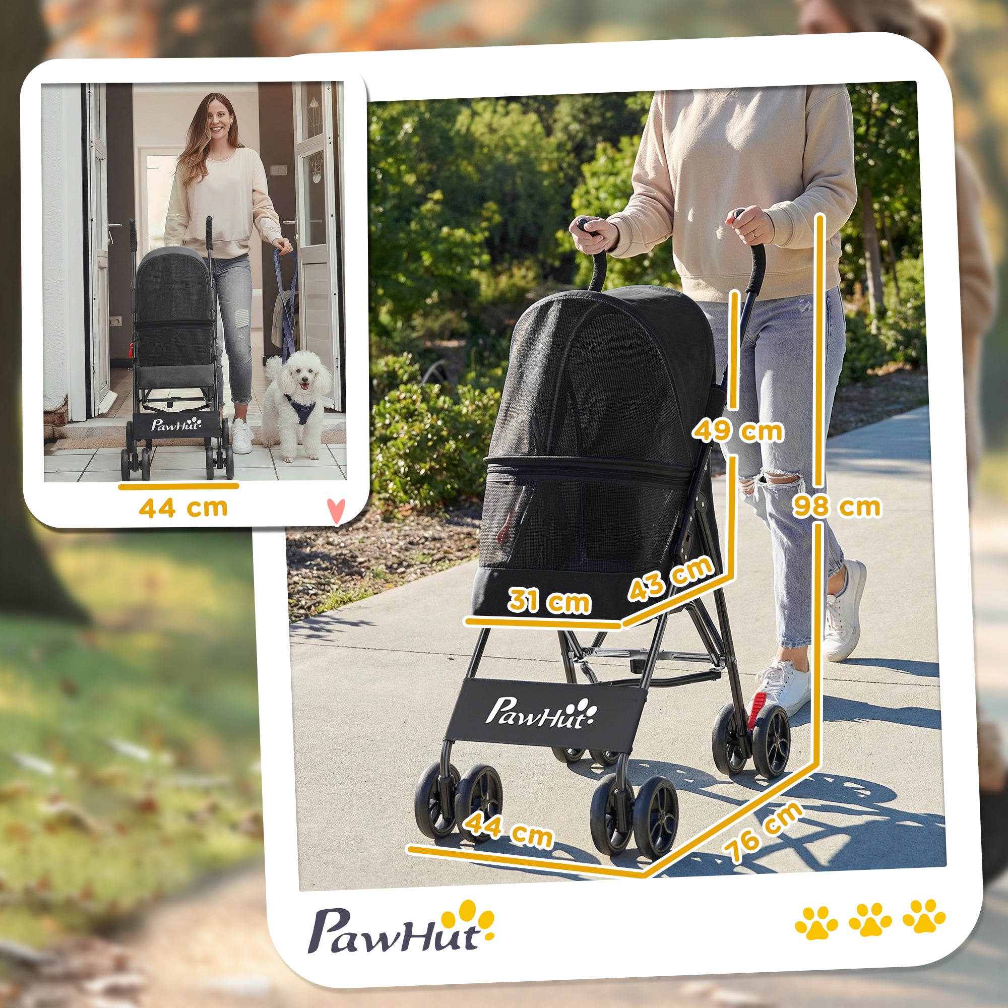PawHut Dog Stroller, Foldable Cat Dog Pram for Miniature Breeds, Pet Stroller with Brake, Mesh Windows, Black 