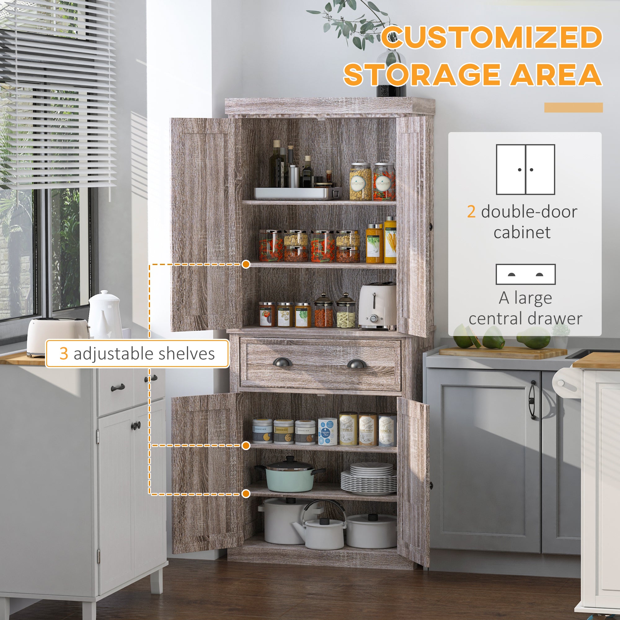 HOMCOM Freestanding Kitchen Cupboard, 184cm Tall Storage Cabinet with Doors and Shelves, Traditional Colonial 4-Door Kitchen Pantry Cupboard with Drawer, Dark Wood Grain 
