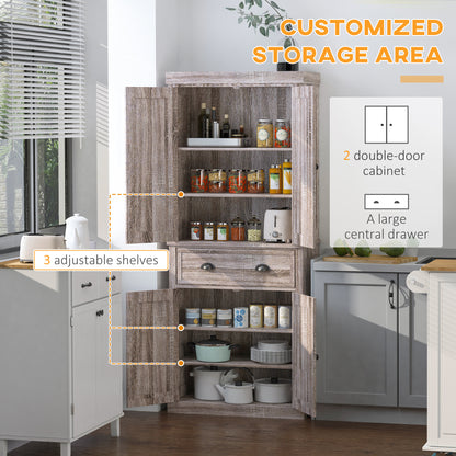 HOMCOM Freestanding Kitchen Cupboard, 184cm Tall Storage Cabinet with Doors and Shelves, Traditional Colonial 4-Door Kitchen Pantry Cupboard with Drawer, Dark Wood Grain 