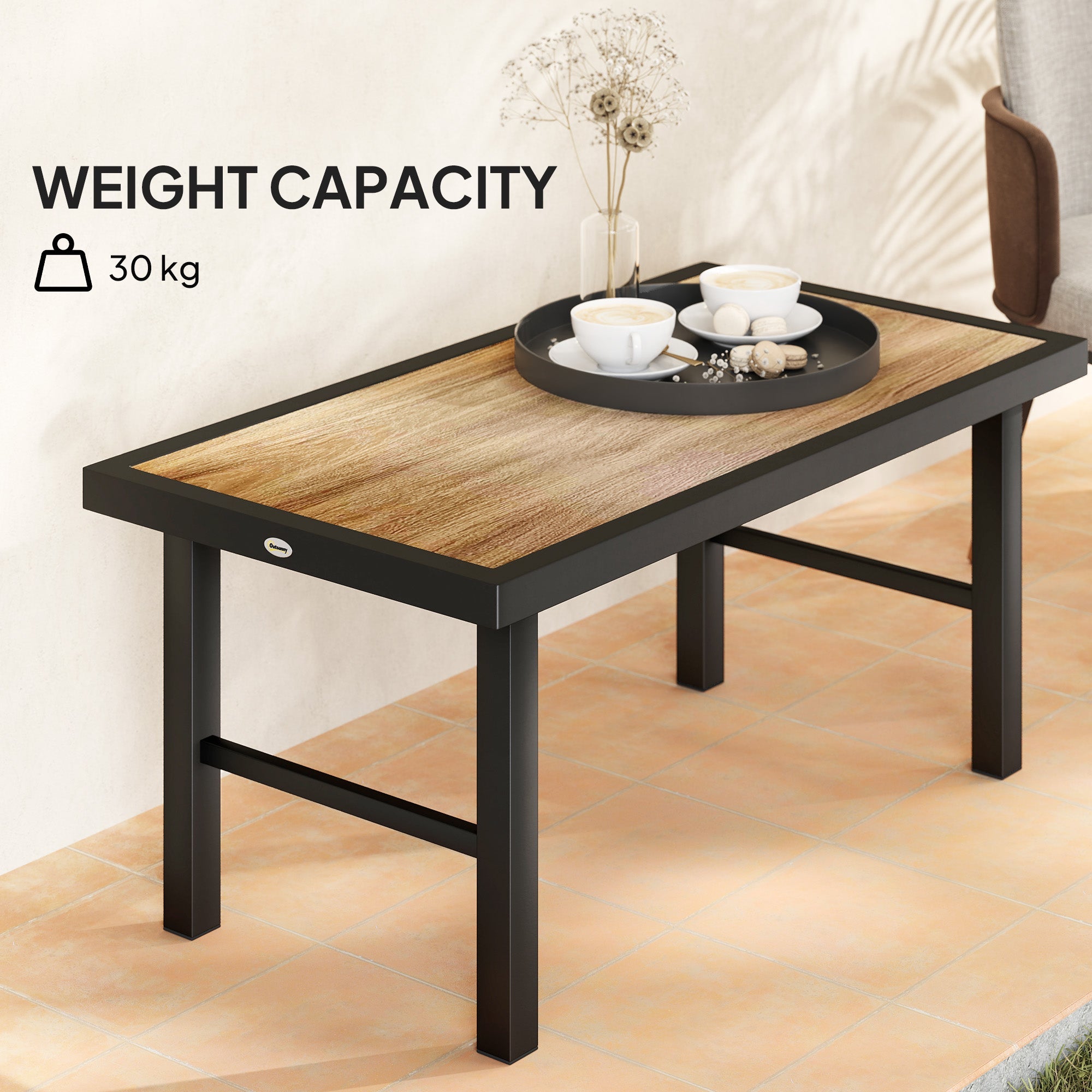 Outsunny Metal Garden Coffee Table, Outdoor Side Table with SPC Woodgrain Tabletop for Outside, Garden, Balcony, Porch, 100 x 53 x 46cm, Brown Wood Effect 