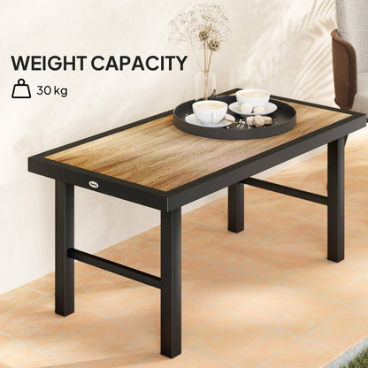 Outsunny Metal Garden Coffee Table, Outdoor Side Table with SPC Woodgrain Tabletop for Outside, Garden, Balcony, Porch, 100 x 53 x 46cm, Brown Wood Effect 