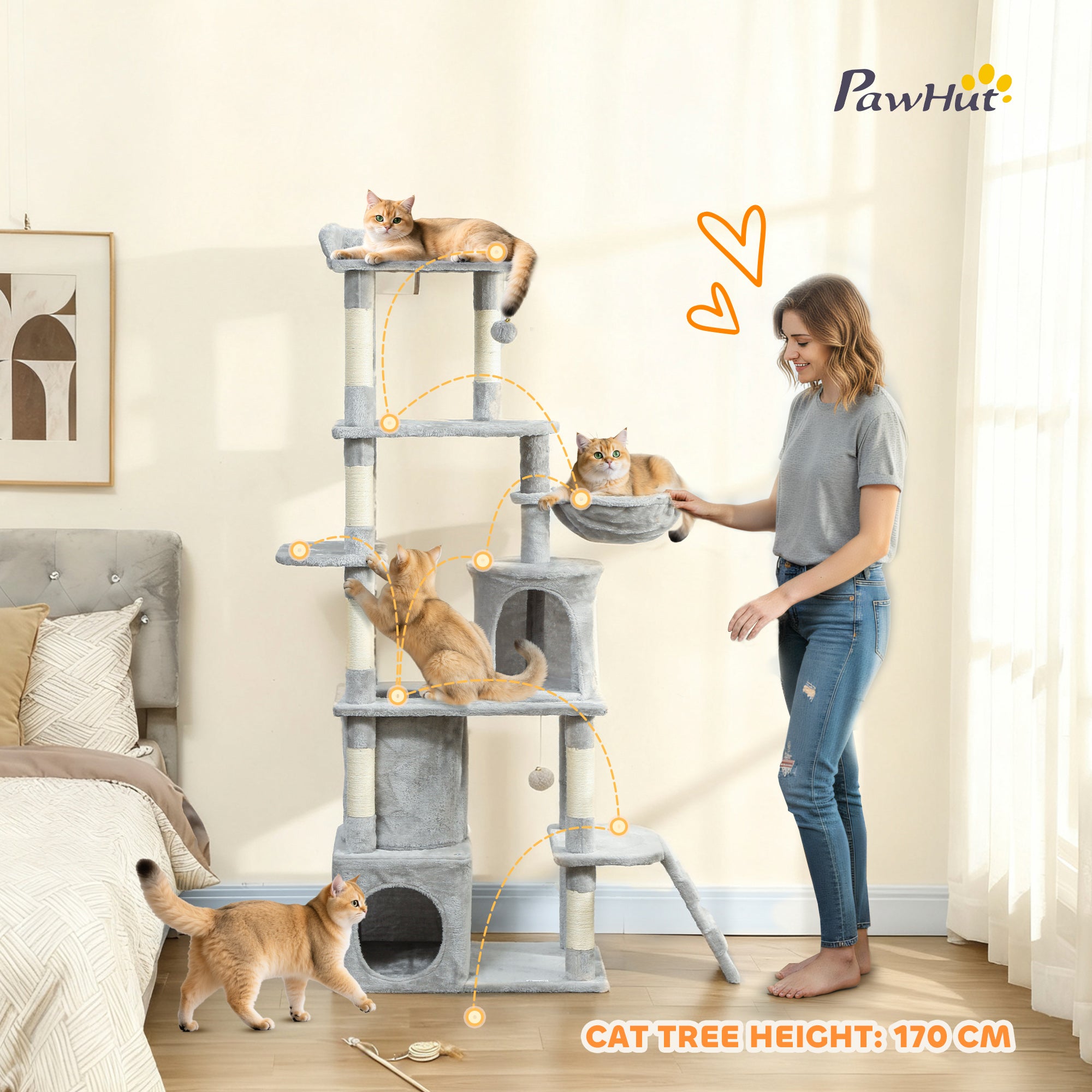PawHut 170 cm Large Cat Tree, Cat Tower with 7 Scratching Posts, 2 Condos, Hammock,  Light Grey 