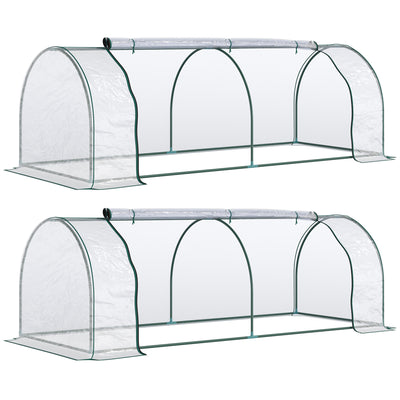 Outsunny Set of 2 Tunnel Greenhouse, Green Grow House with Roll-up Door, Steel Frame, Plastic Cover for Garden, Outdoor, 250 x 100 x 80cm, Clear 