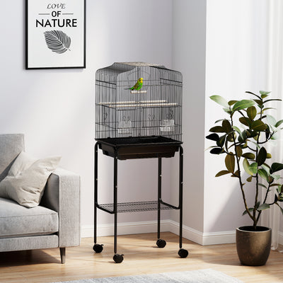 PawHut Bird Cage Budgie Cages for Finch Canary Parakeet with Stand Wheels Slide-out Tray Accessories Storage Shelf, Black 