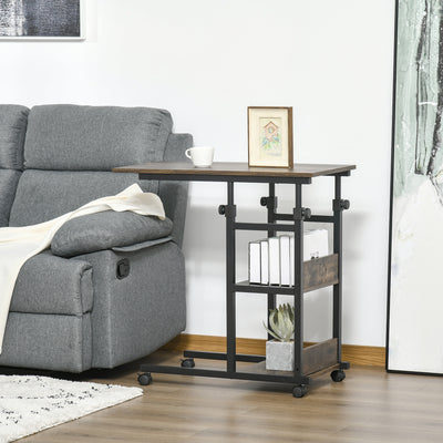 HOMCOM C-Shaped Side Table Industrial Mobile Rolling End Desk with 3-Tier Storage Shelving, Adjustable Height, Wheels 