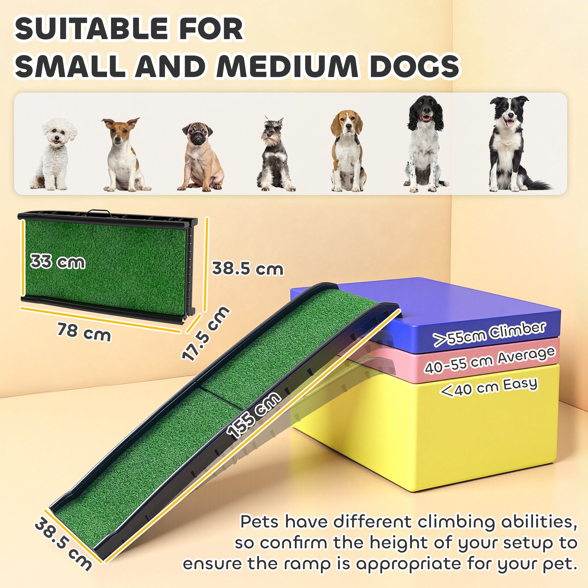 PawHut Foldable Dog Ramp with Artificial Anti-slip Surface, Portable & Lightweight, for Cars, Home, 155 x 38.5 x 15.5 cm 