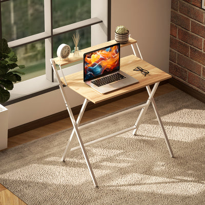 HOMCOM 81.5 cm Folding Computer Desk with Monitor Shelf - Natural Wood Finish 