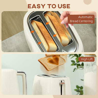 HOMCOM Kettle and Toaster Set, 1.7L 3000W Fast Boil Kettle & 2 Slice Toaster Kitchen Set with 7 Level Browning Controls, Defrost, Reheat, Boil-dry Protection, Cream White 