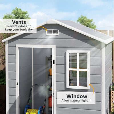 Outsunny 6 x 4ft Garden Shed, Plastic Shed with Floor, Window, Lockable Door and Vents, Wood Effect Resin Tool Shed for Outdoor, Grey 