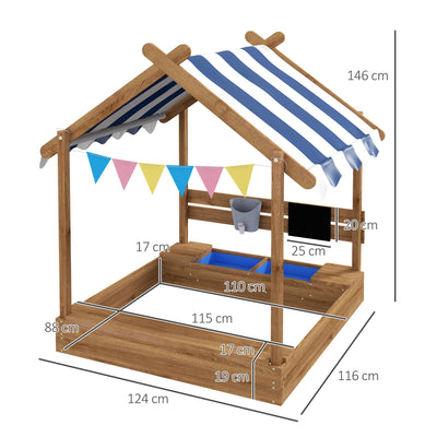 Outsunny House-Designed Wooden Sandbox, Outdoor Sandpit, with Blackboard, Toys, Sink, Seats, Flags, for Ages 3-7 Years - Brown 