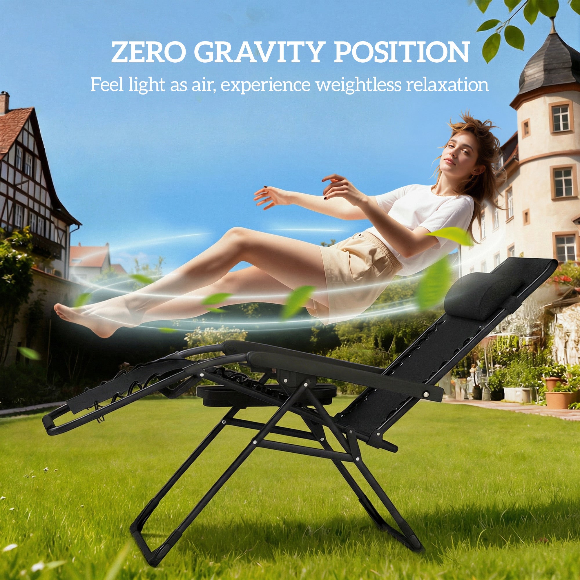 Outsunny Zero Gravity Chairs Set of 2, Folding Sunloungers Reclining Garden Chairs with Cup Holder, Headrest, Black 