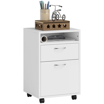 HOMCOM 60cm Filing Cabinet with Drawer, Open Shelf, Metal Handles and 4 Wheels, Office Home Organiser Mobile Printer, White 