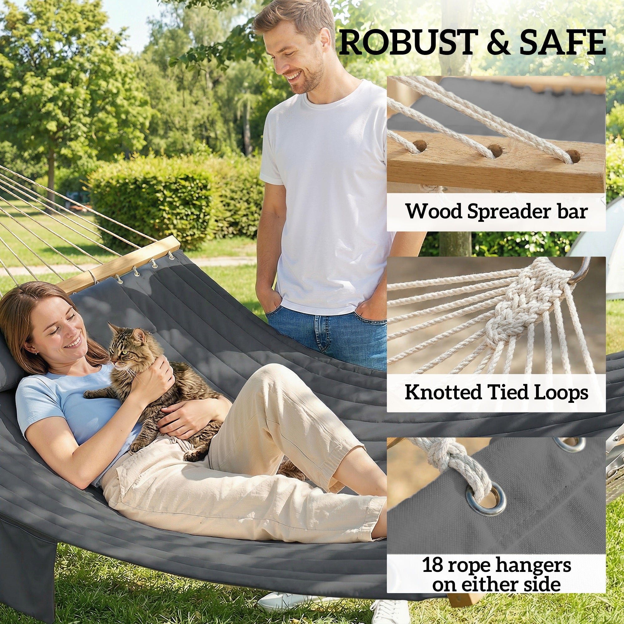 Outsunny Double Hammock 2 Person Swing Bed with Spreader Bars, Pillows, Pad, 200 x 140cm, Grey 