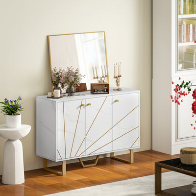 HOMCOM Sideboard Storage Cabinet, Modern Storage Cupboard with Adjustable Shelves and Metal Legs for Living Room, Kitchen, Dining Room, Entryway, White Marble Tone 